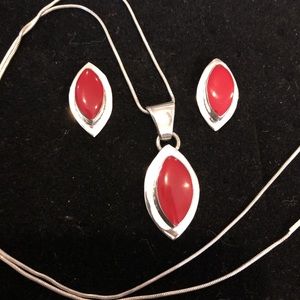 Gorgeous Red/Sterling Necklace and Earrings Set